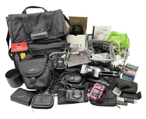 Quantity of camera accessories and equipment, to include boxed Canon EFS 17-55mm IS lens, Canon 59s camera, Olympus camera, e
