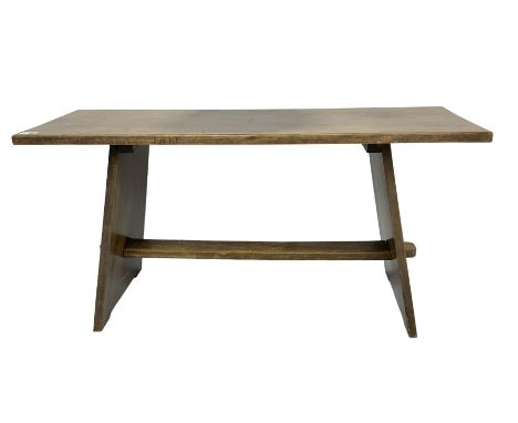 Stained beech plank side table or bench, splayed tapered end supports joined by pegged stretcherDimensions: Height:&nbsp;54cm