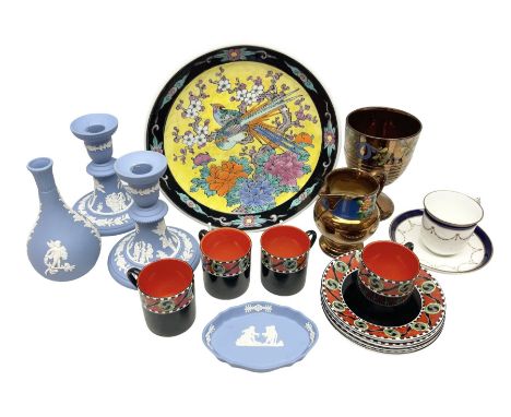 Pair of Wedgwood Jasperware candlesticks, together with further vase and trinket dish, Art Deco Solian Ware Soho Pottery four
