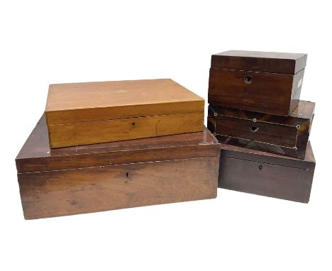 Collection of 19th century and later boxes for restoration, to include a mother of pearl inlay example, oak canteen, large ma