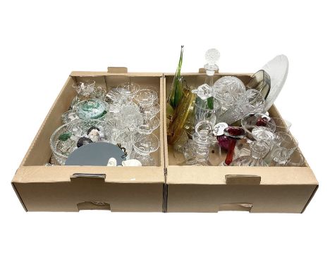 Quantity of glass ware to include art glass sculpture, vase, decanters, drinking glasses, bowls etc, and quantity of various 