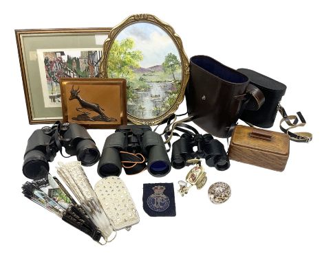 Three pairs of binoculars to include Enbeeco Concord and Bresser, Palestine police patch, framed pictures etc