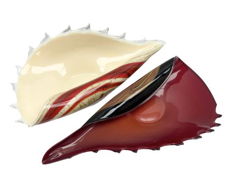 Two art glass dishes in the form of shells, largest example H14cm L45cm