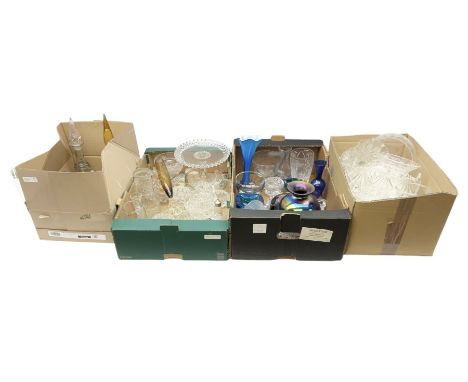 Large quantity of glassware to include art glass, decanters, jugs, vases, glass animals, bowls etc in four boxes