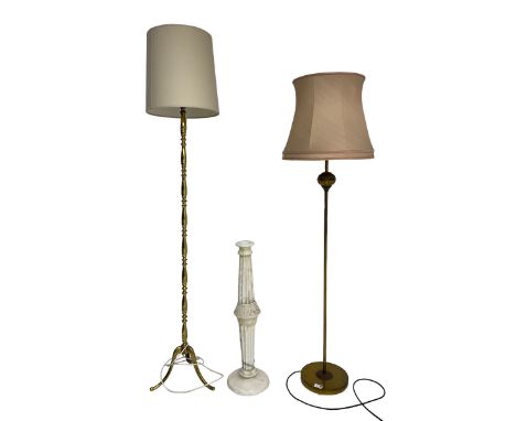 White marble pedestal stand (H80cm), early 20th century brass standard lamp with shade, and another brass standard lamp