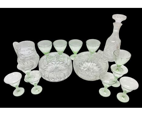 Quantity of glassware comprising three cut glass bowls with strawberry, fan and swags decoration, pair of servers with hobnai