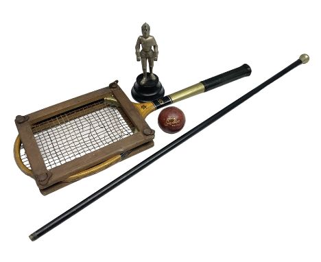 Walking cane, tennis racket, cricket ball (signed) and knight novelty cigarette lighter 