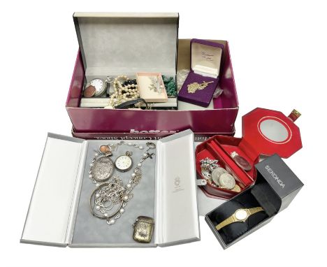 Victorian and later silver jewellery including engraved oval locket pendant, bangle, fob watch, vesta case, faux pearl neckla