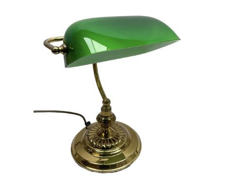 Brass bankers lamp with green glass shade, H34cm