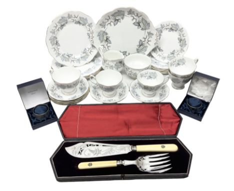 Two silver napkin rings, hallmarked, a set of cased fish servers and Royal Albert Silver Maple pattern part tea service 