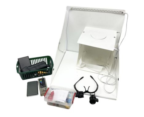 Jewellery testing equipment, to include DiamondNite Tester, digital scales, loupe glasses, loupes, two photo light boxes etc 