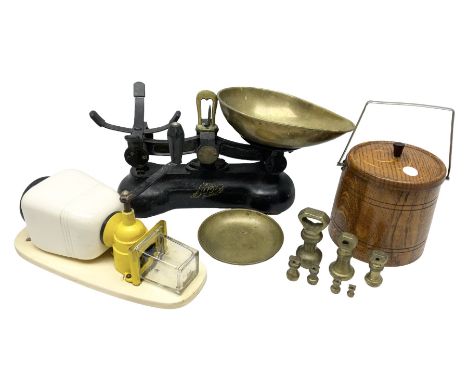 German wall mounted coffee grinder, together with a wooden ice bucket and Boots metal scales