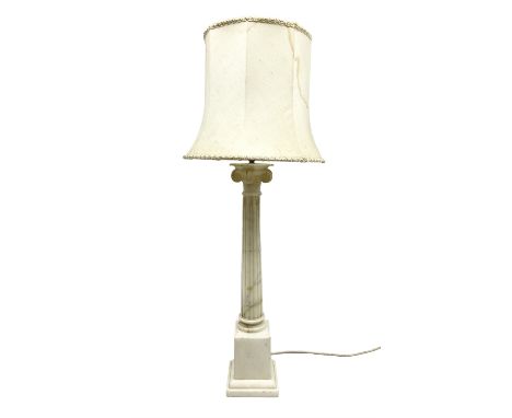 Heavy marble effect alabaster table lamp in the form of an Ionic column, with fabric shade, overall H89cm (a/f)