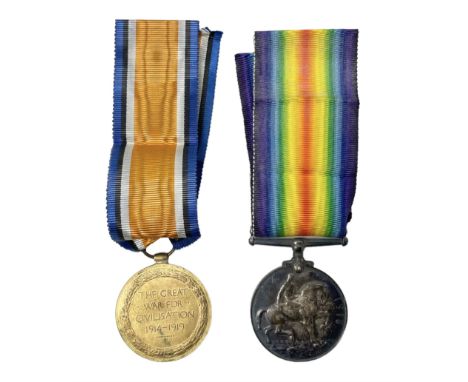 Pair of WWI medals, comprising British War medal and Victory medal, both with ribbons