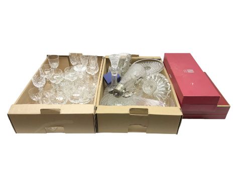 Quantity of glassware to include silver plate mounted claret jug decorated with bird upon flowering branches, Stuart decanter