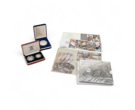 Three The Royal Mint United Kingdom silver coins, comprising 1990 silver proof five pence two coin set, 2011 'William and Cat