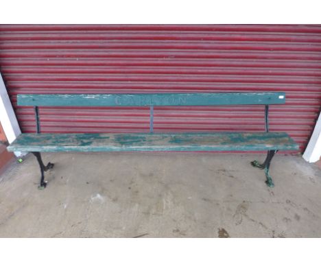 A cast iron railway platform bench, 76cms h x 237cms w 