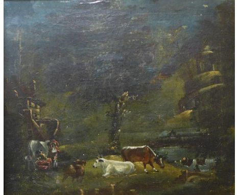 Italian School (mid 18th Century), landscape with figures and cattle by a river (fragment of a larger Old Master painting), 2