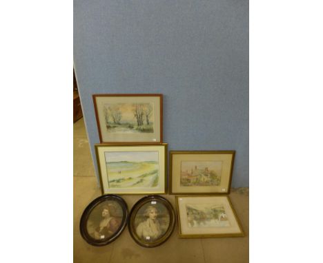Four landscape watercolours and a pair of female portrait prints 