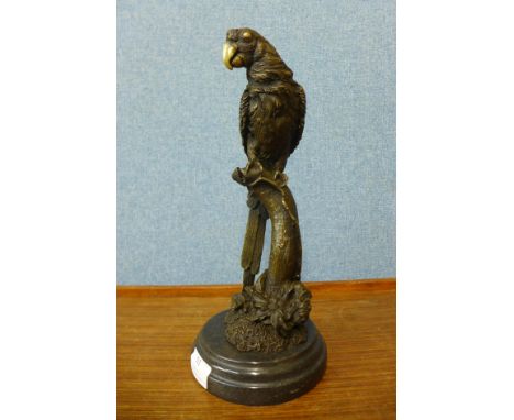 A bronze figure of a parrot, on black marble socle, 32cms h 