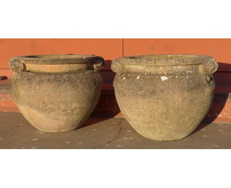A pair of large Compton Pottery terracotta garden urns, 48cms h x 53cms d 