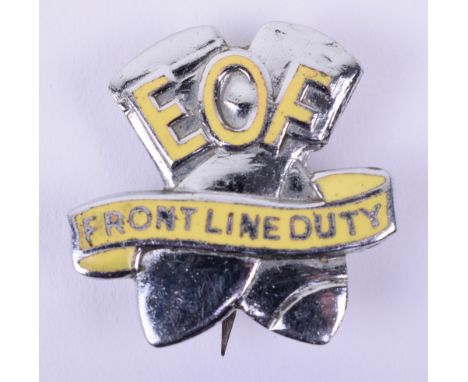 WW2 Elstow Ordnance Factory Lapel Badge, chrome and enamel example in the form of two crossed bombs with EOF and scroll “FORN