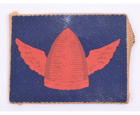 214th Independent Infantry Brigade Cloth Formation Sign, painted example of the red winged Viking helmet on blue rectangle. G