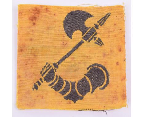 Australian 2nd Armoured Brigade Formation Sign, silk woven armoured arm wielding axe on yellow backing cloth. Stained and use