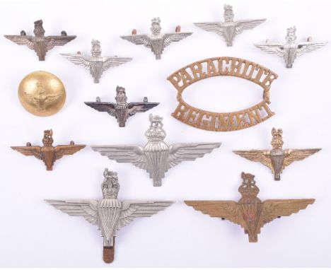 Selection of Parachute Regiment Badges, consisting of George VI cap badge with two lug fittings, similar in brass, silver gil