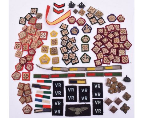 Quantity of Cloth Rank Pips, for wear on battle dress blouse. Royal Air Force VR and arm badges, Pioneer Corps arm of service