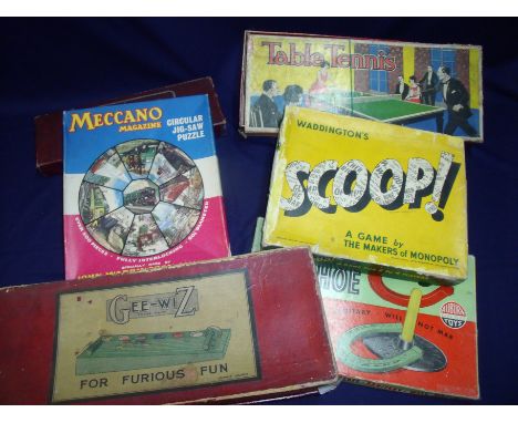 Selection of boxed vintage games including Gee-Wiz, Meccano Magazine circular jigsaw puzzle, Chad Valley miniature croquet se