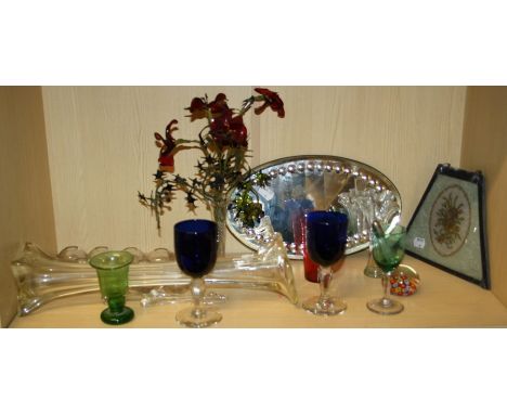 An early 20th century "Sorcerers " type oval wall mirror with candle sconce. Germanic clear glass bulb planters and other ite