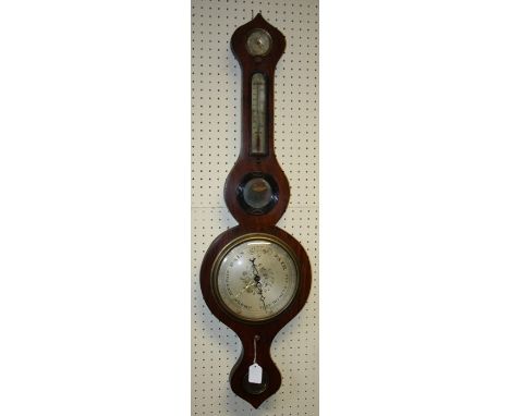 A 19th century rosewood onion top wheel barometer with silvered gauges and dial. 95 cms.