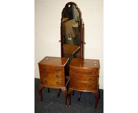 A Queen Anne style cheval dressing mirror together with&nbsp; a pair of bow-fronted burr walnut bedside chests, raised on cab