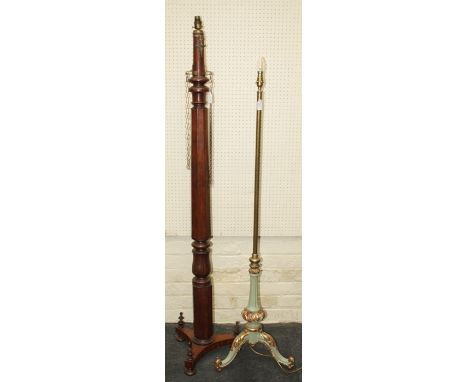 A 19th century mahogany bed post, converted to a standard lamp with applied brass mounts and chains, together with a brass st
