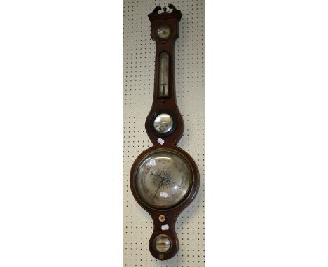 D Albino, Cheltenham, a 19th century mahogany wheel barometer with silvered gauges and dials. 98 cms.