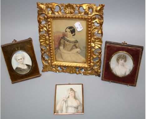 An early 19th century, three quarter portrait miniature on ivory panel of a classical muse her dress in provocative disarray,