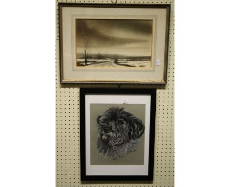 BT2016 ? A portrait of of a rough haired terrier with red tartan collar, pastel and chalk sketch on buff paper. 30cm x 24cm T