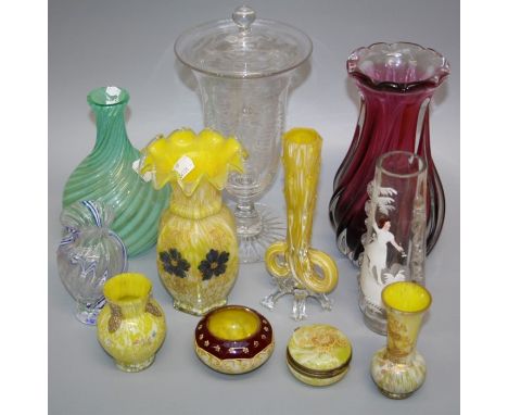 A collection of decorative glass ware to include Caithness style vase, Italian art glass Victorian yellow glass , cut table a