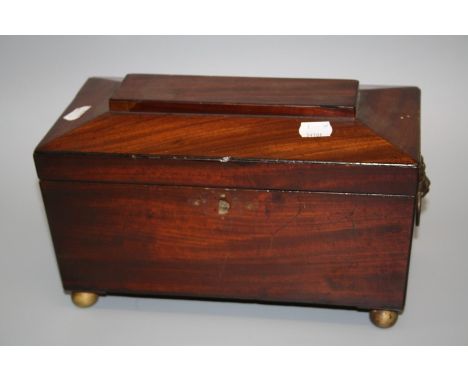 A 19th century mahogany sarcophagus form tea cannister with twin lidded caddy interior and associated mixing bowl, on brass b