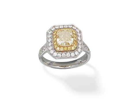 FANCY COLOURED DIAMOND AND DIAMOND RINGThe Fancy Light Yellow cushion-shaped diamond, weighing 1.64 carats, within surrounds 