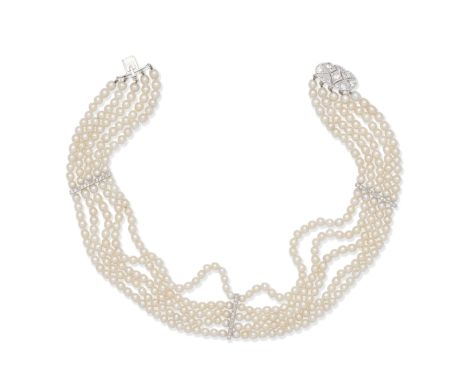 NATURAL PEARL CHOKER WITH DIAMOND-SET CLASPThe five rows of 3.3-4.5mm natural pearls, interspersed with single-cut diamond sp