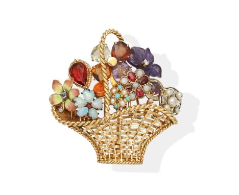 GEM-SET AND PASTE GIARDINETTO BROOCHDesigned as a woven basket, issuing a floral bouquet, set with vari-cut gemstones and pas