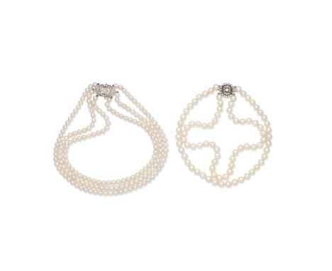 TWO CULTURED PEARL CHOKERS WITH DIAMOND-SET CLASPS1st: The three uniform rows of 6.5mm cultured pearls on a foliate openwork 