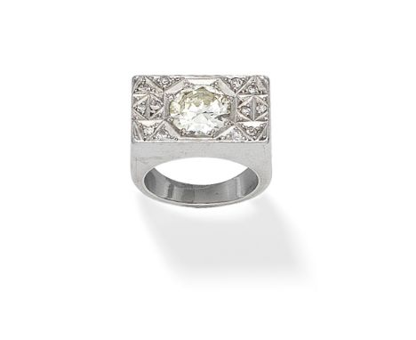 DIAMOND DRESS RINGCentrally set with a brilliant-cut diamond, weighing 2.02 carats, within a single-cut diamond surround,  ri