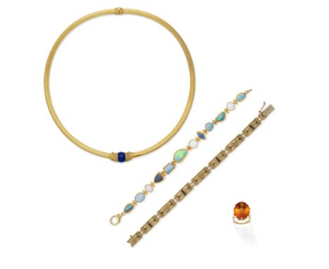 LAPIS LAZULI-SET TORQUE NECKLACE, TWO GEM-SET BRACELETS AND A CITRINE AND DIAMOND DRESS RING1st: The reeded torque, hinged an