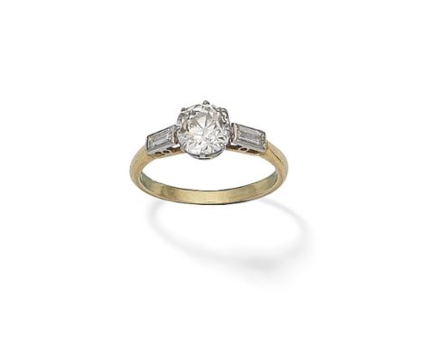 DIAMOND SINGLE-STONE RINGThe cushion-shaped diamond between baguette-cut diamond shoulders,  principal diamond approx. 1.30ct