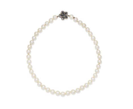 CULTURED PEARL NECKLACE WITH SAPPHIRE CLASPThe uniform 8.5mm pearls on a flowerhead clasp set with sapphire cabochons,  lengt