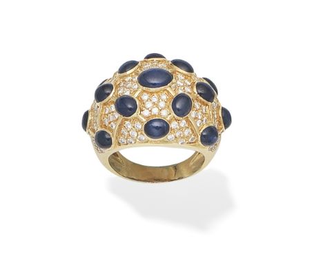 SAPPHIRE AND DIAMOND DRESS RINGOf bombé form, set with oval sapphire cabochons and pavé-set with brilliant-cut diamonds,  dia