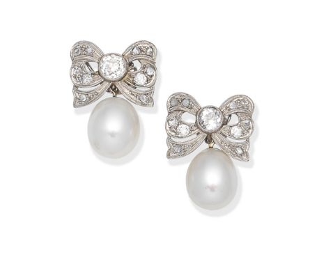 CULTURED PEARL AND DIAMOND PENDENT EARRINGSEach detachable 10.3mm cultured pearl, suspended from a rose and old brilliant-cut